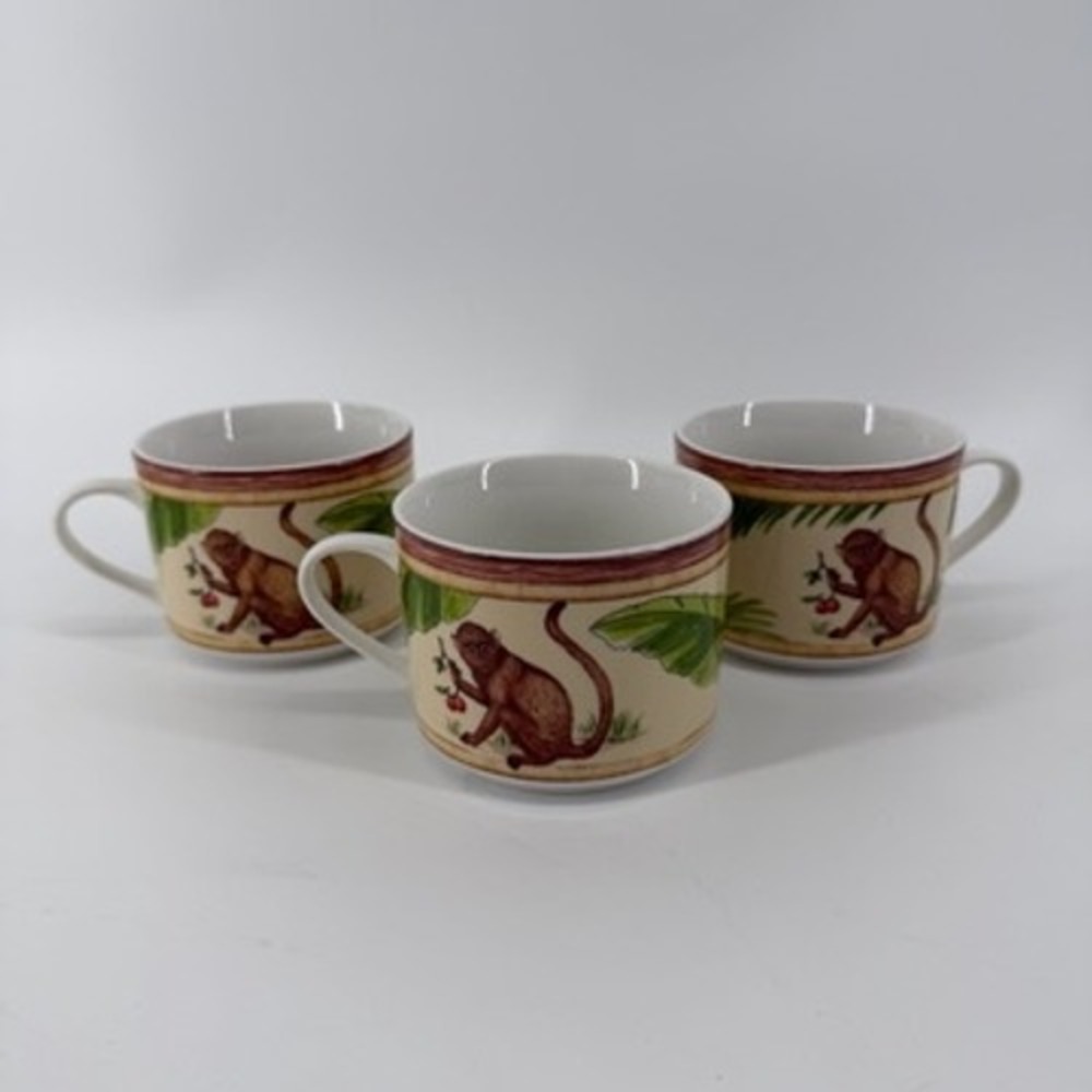 American Atelier Monkey 5029 Porcelain Coffee Mugs Set of 3 Tropical Jungle 3in
